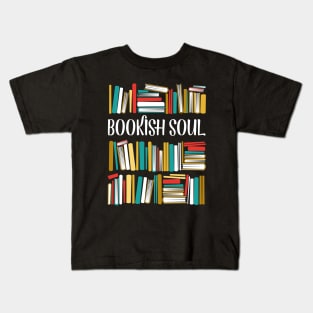 Bookish soul // black bookshelf background yellow neon red white and teal books Kids T-Shirt